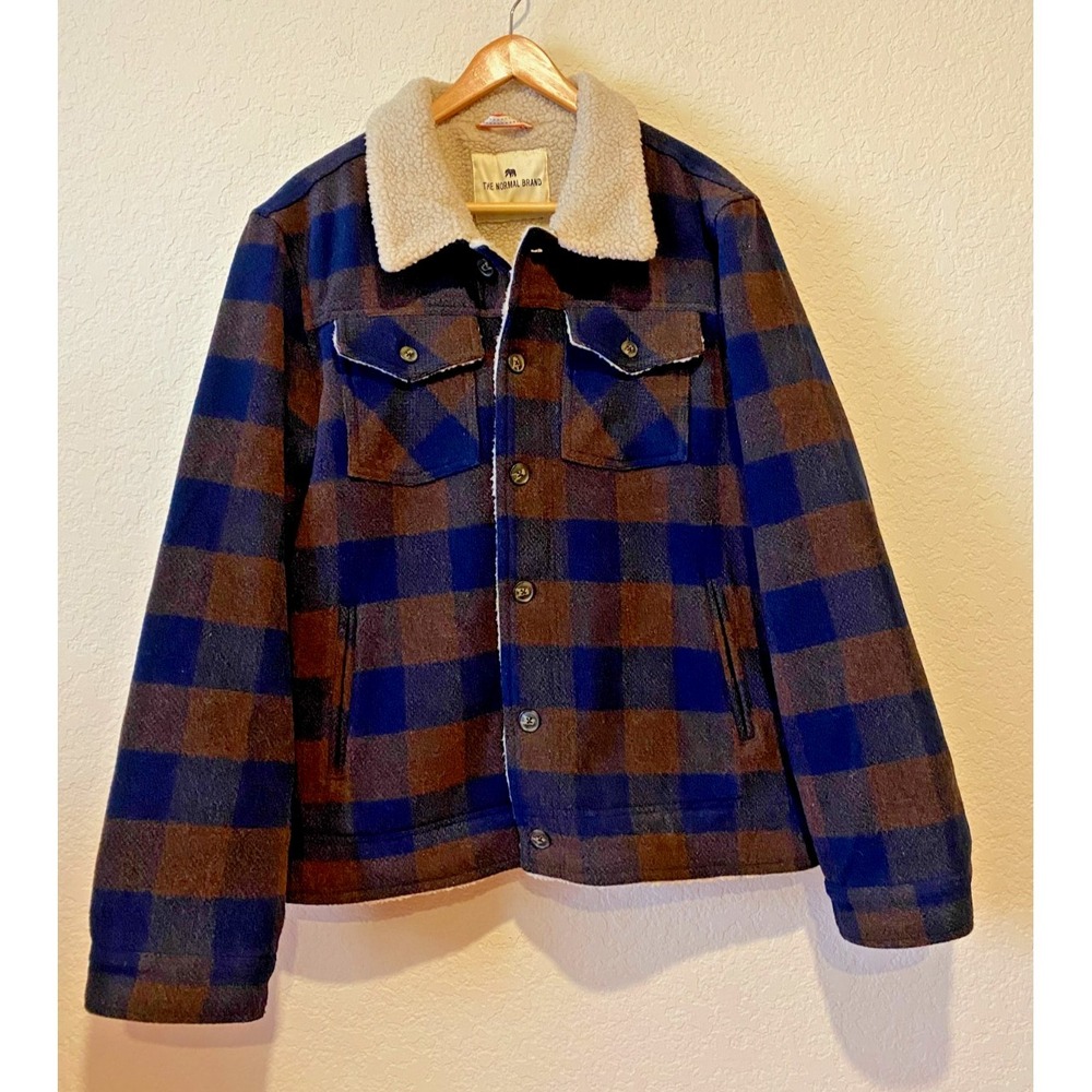 The Normal Brand Trucker Shacket Sz M Sherpa Fleece Lined Plaid Blue Brown Wool